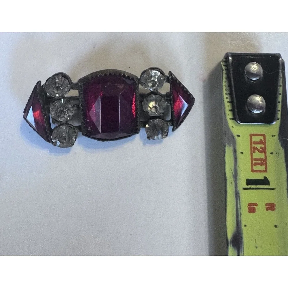 Antique Art Deco Red Glass Clear Rhinestones Silvered‎ Brass Bar Brooch Pin